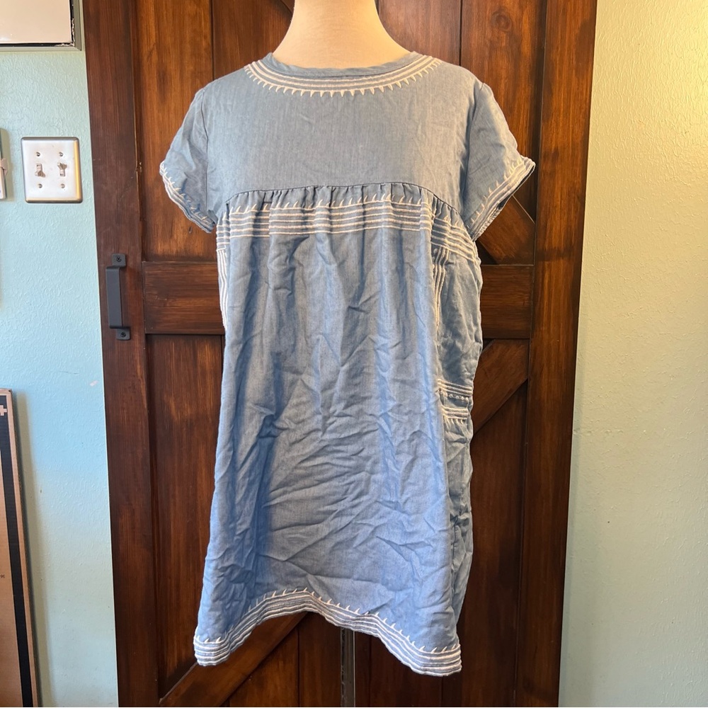 & Blue Bohemian Short Sleeve Tunic Top With Embroidered Details‎ Women's L